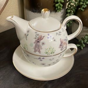 Elegance Teaware Porcelain 4 Pcs Set Teapot/Lid Cup Saucer Easter Bunny Spring